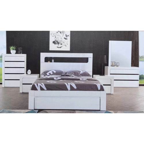 Modern white bedroom furniture set with bed, dresser, chest, and nightstands
