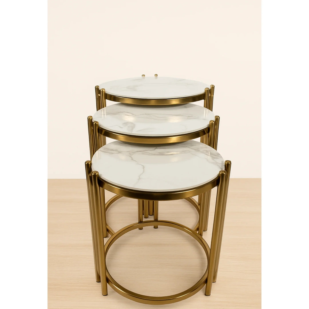 Oslo 3 Piece Nesting Table Brushed Gold Stainless Steel Base - DLB Furniture