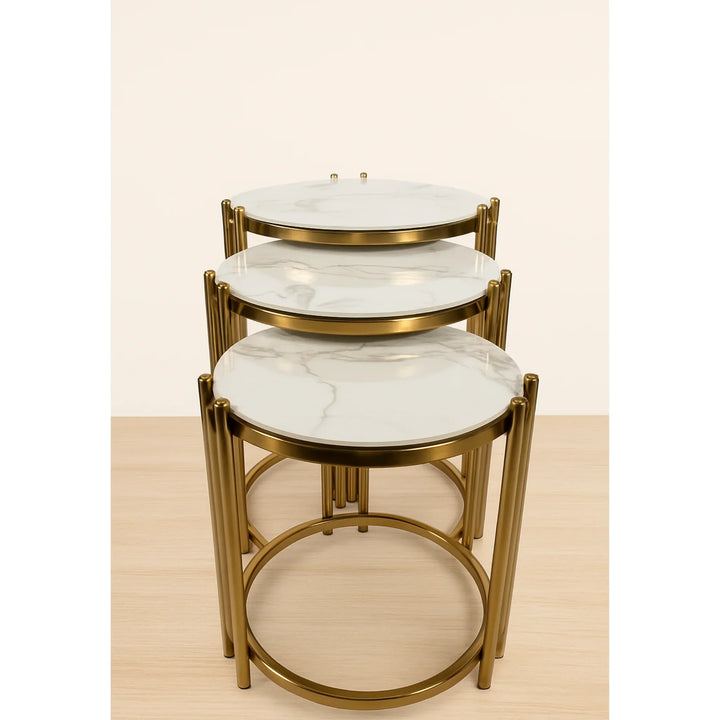 Oslo 3 Piece Nesting Table Brushed Gold Stainless Steel Base - DLB Furniture