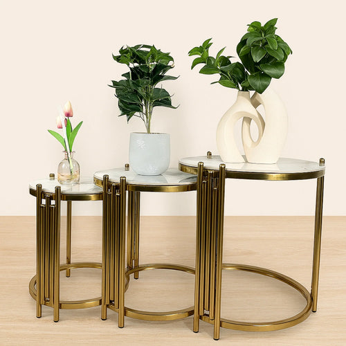 Oslo 3 Piece Nesting Table Brushed Gold Stainless Steel Base - DLB Furniture