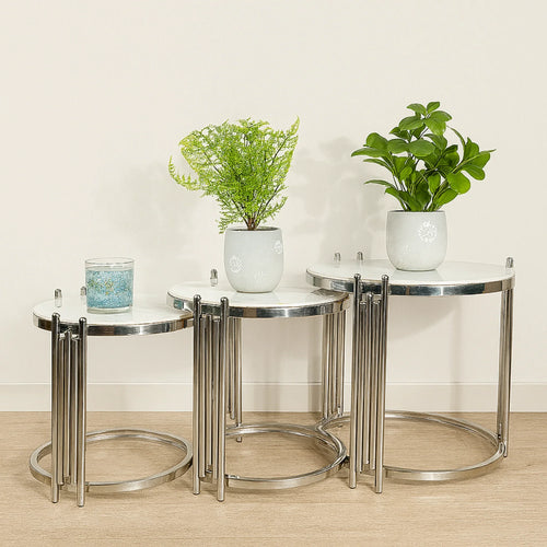 Oslo 3 Piece Nesting Table Brushed Silver Stainless Steel Base - DLB Furniture