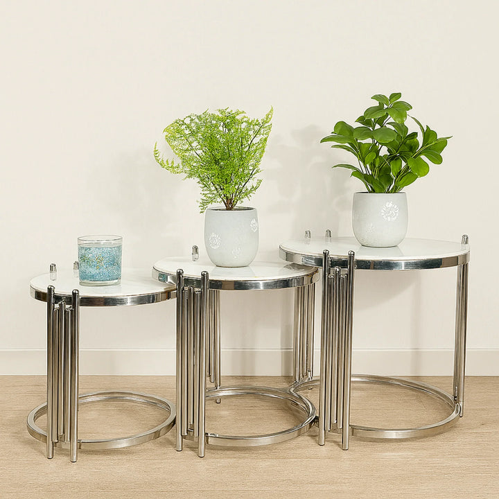Oslo 3 Piece Nesting Table Brushed Silver Stainless Steel Base - DLB Furniture