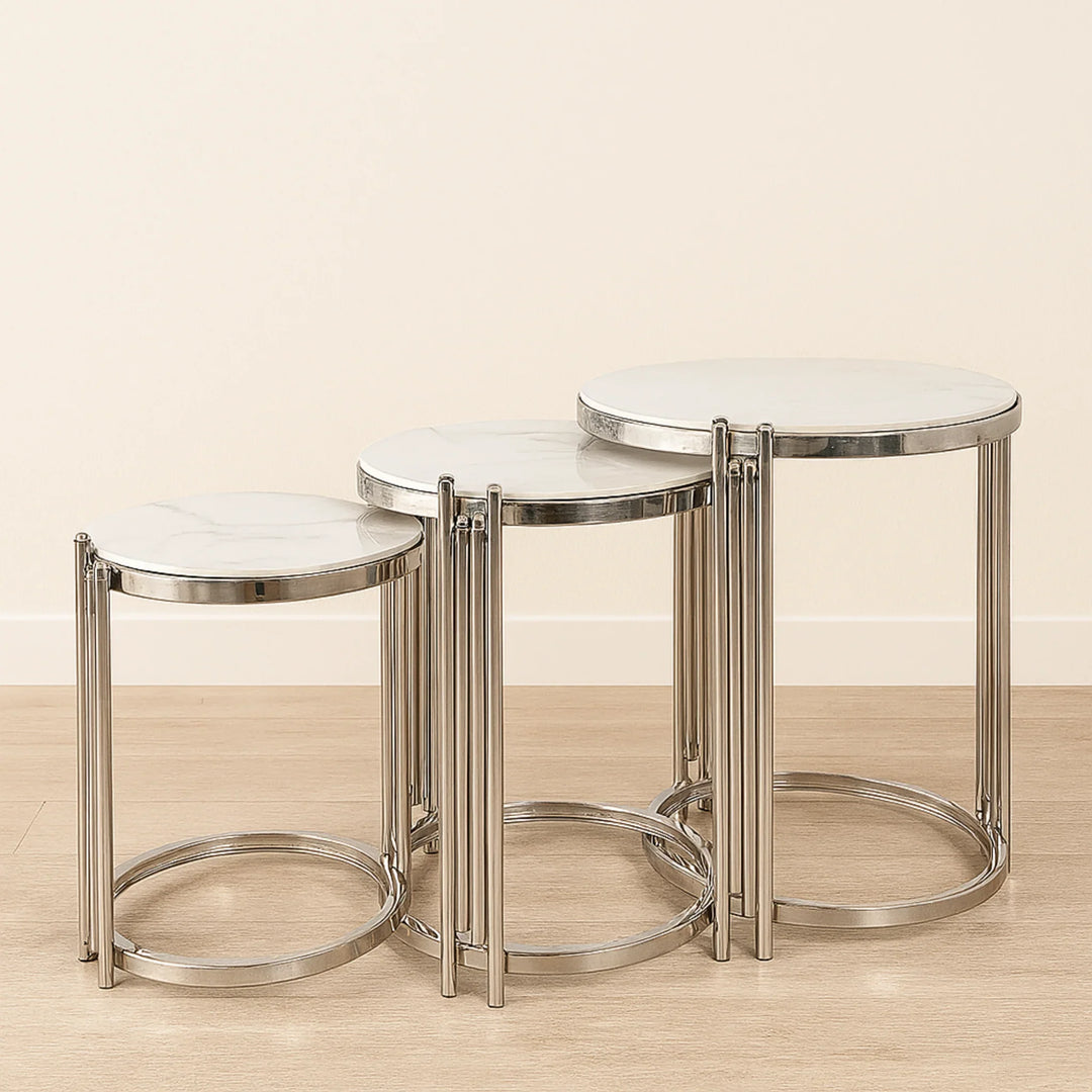 Oslo 3 Piece Nesting Table Brushed Silver Stainless Steel Base - DLB Furniture