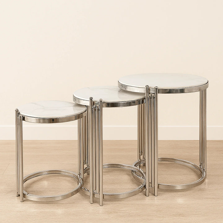Oslo 3 Piece Nesting Table Brushed Silver Stainless Steel Base - DLB Furniture