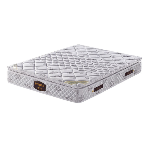 Quilted spring mattress with stitched floral pattern and side handles on white background