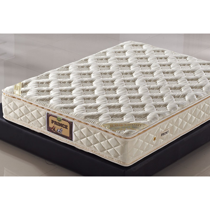 Quilted white mattress with textured surface on a black bed base, home furniture bedding