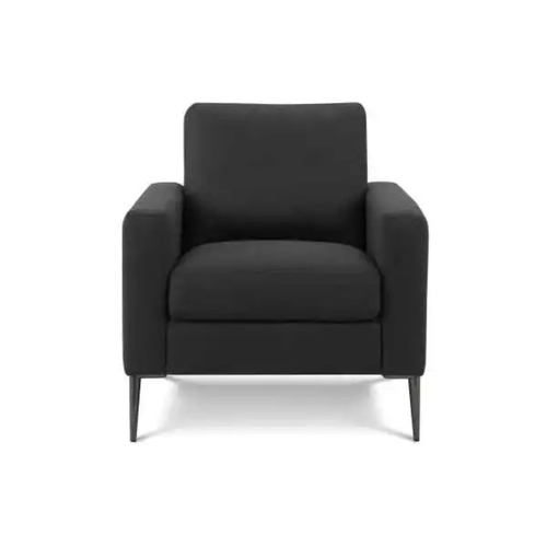 Black modern armchair with sleek metal legs, ideal for living room or lounge seating