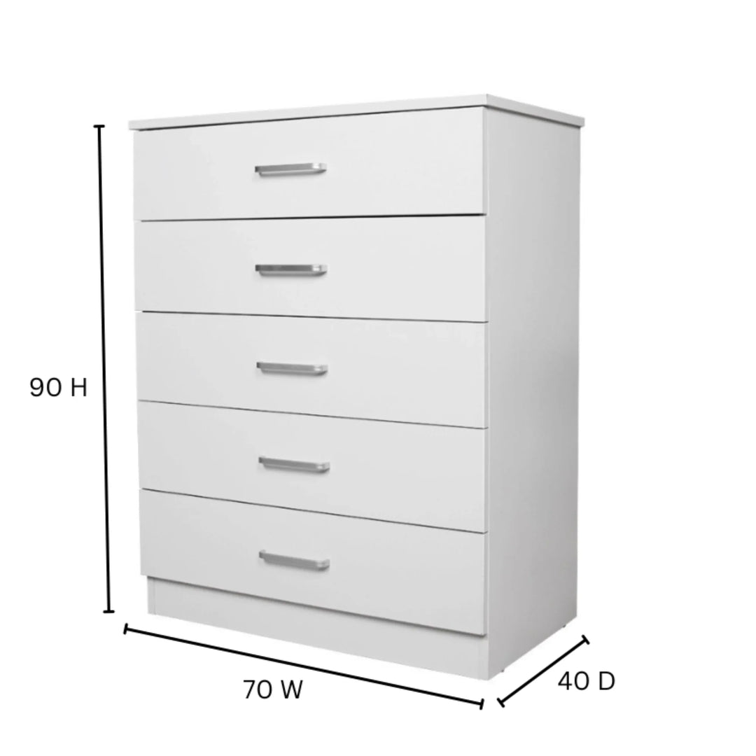 Beli 5 Drawers Tallboy - White - DLB Furniture