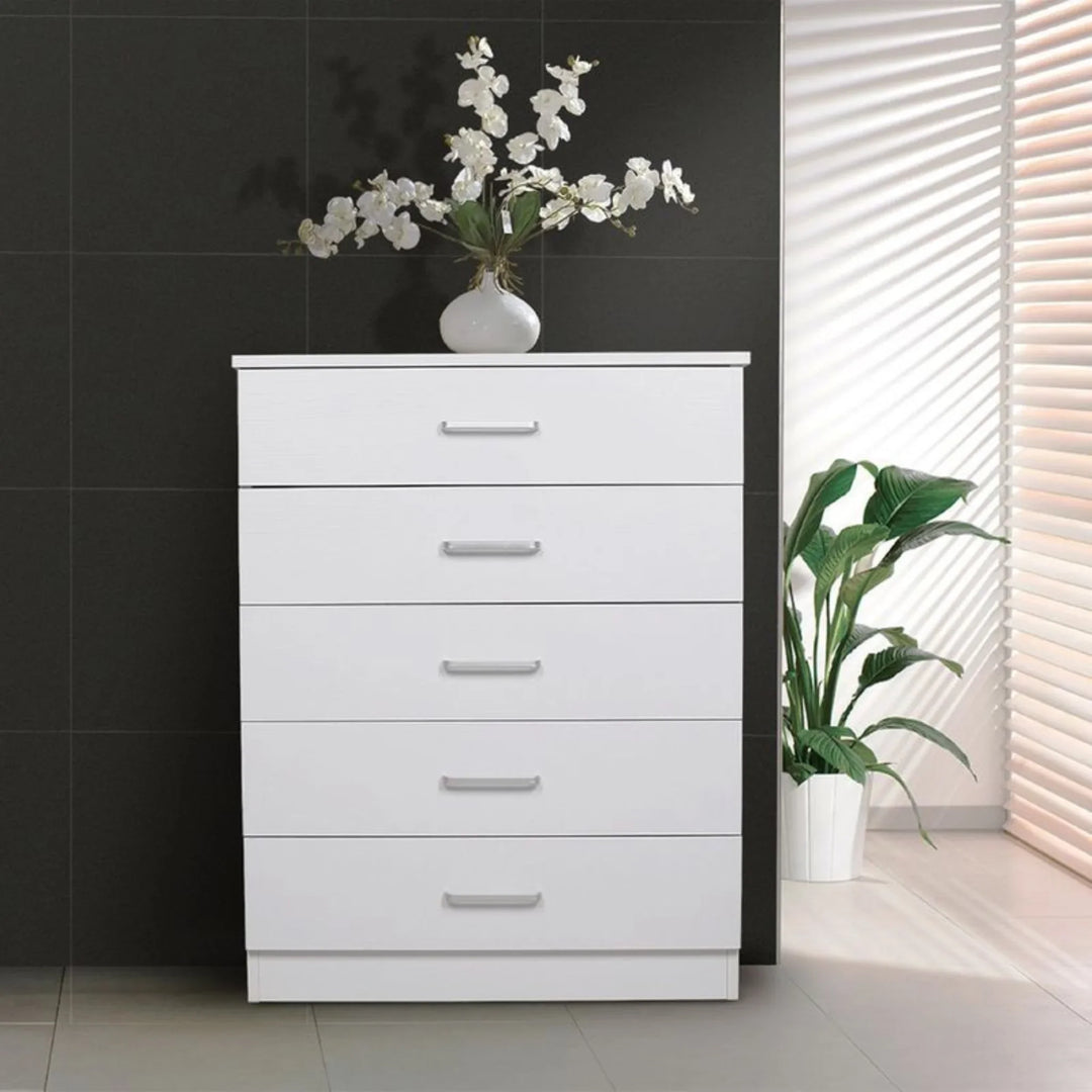 Beli 5 Drawers Tallboy - White - DLB Furniture