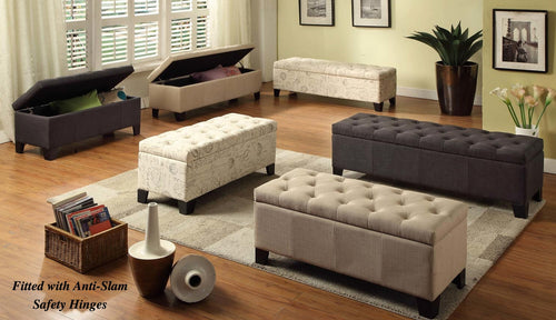 Modern living room with upholstered storage benches and tufted ottomans on hardwood floor