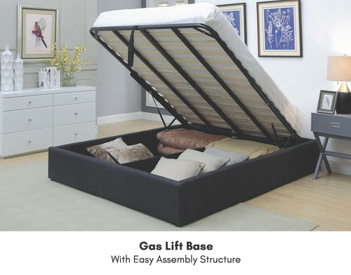 Dark fabric gas lift bed frame with storage, showcasing easy assembly structure and pillows inside