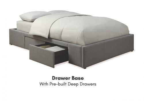 Grey upholstered bed frame with built-in deep storage drawers, ideal for modern bedrooms