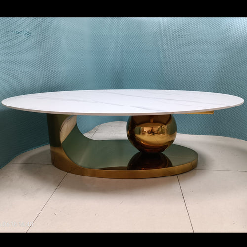 Modern coffee table with white marble top and gold metal base, home furniture accent