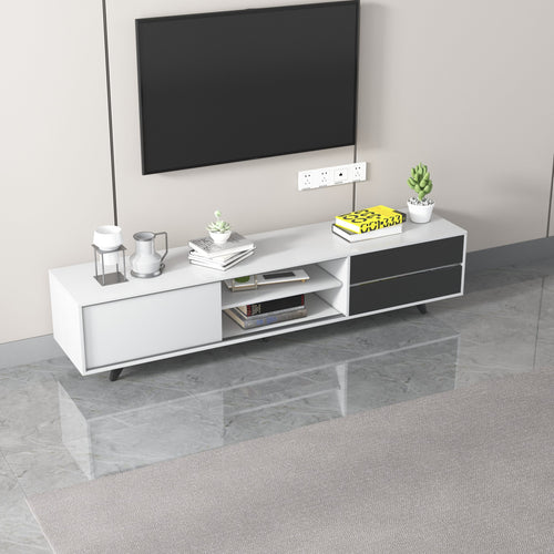 Modern white and black TV unit with open shelves, perfect for living room furniture in Sydney