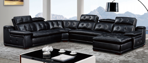Black leather sectional sofa with chaise lounge in modern living room, perfect for Sydney homes