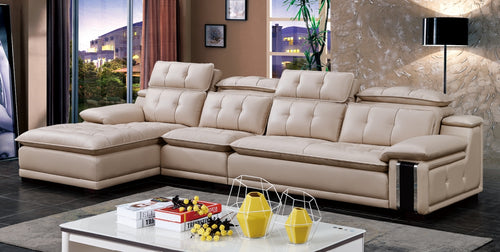 Beige leather sectional sofa with chaise lounge in modern living room, perfect for Sydney homes