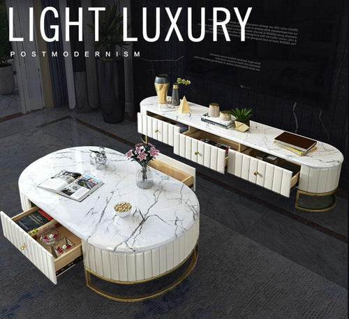 Luxury marble coffee table and TV unit with gold accents, modern living room furniture set