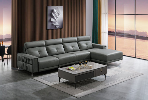 Modern gray leather sectional sofa with chaise lounge in contemporary living room setting