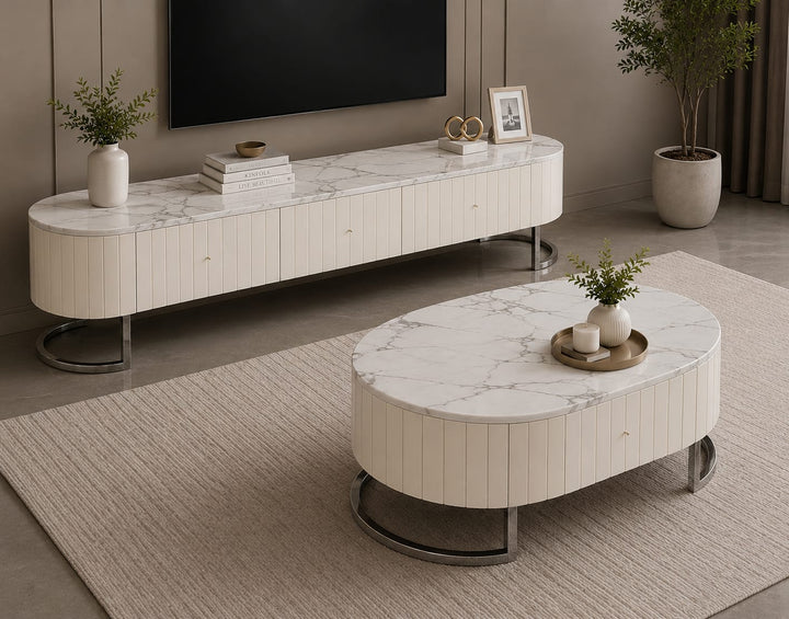 Cloudy Marble Top TV unit (Silver Legs)