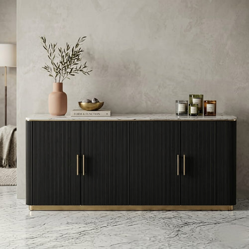 Modern black sideboard with marble top and gold handles, styled with vase and candles in luxury living room