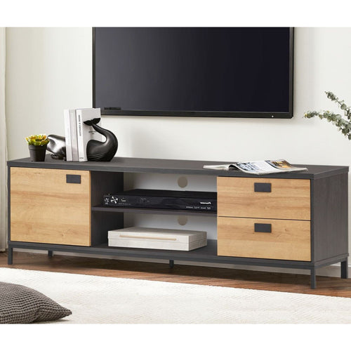 Modern TV unit with black and natural wood finish, shelves, and drawers in a living room