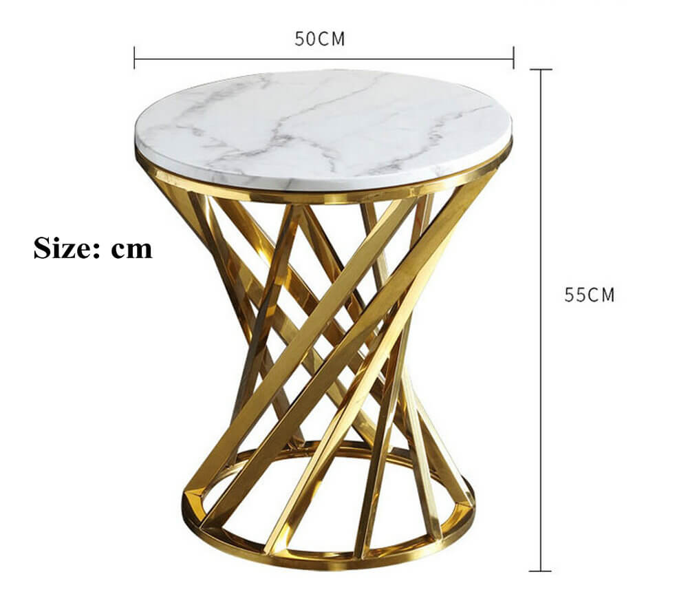 Round side table with white marble top, gold metal base, 50cm wide, 55cm high