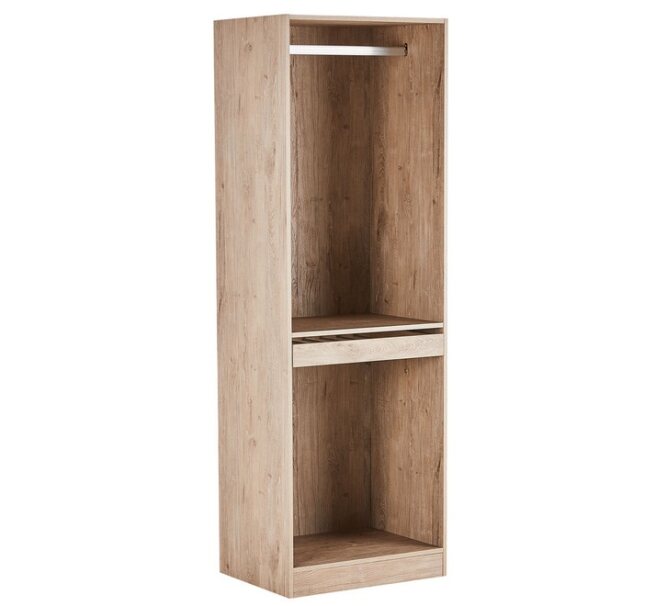 Modern wooden wardrobe organizer with hanging rod and open shelves for bedroom storage