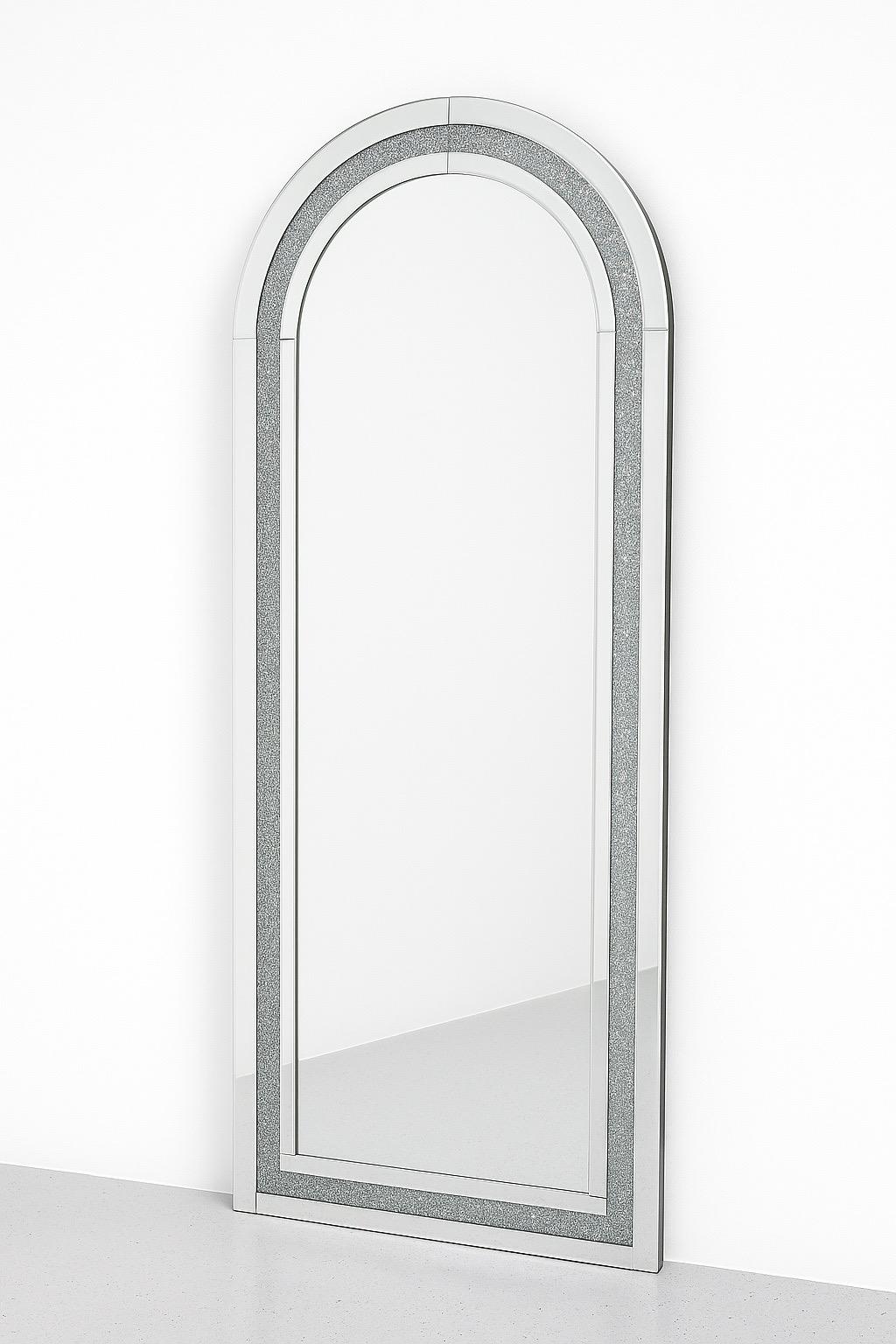 Arched floor mirror with silver glitter trim, modern home decor accent