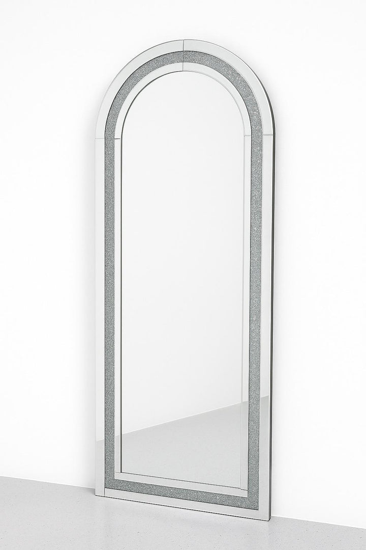 Arched floor mirror with silver glitter trim, modern home decor accent