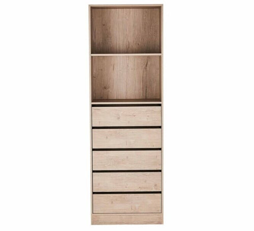 Tall wooden storage cabinet with two open shelves and five drawers, modern home furniture