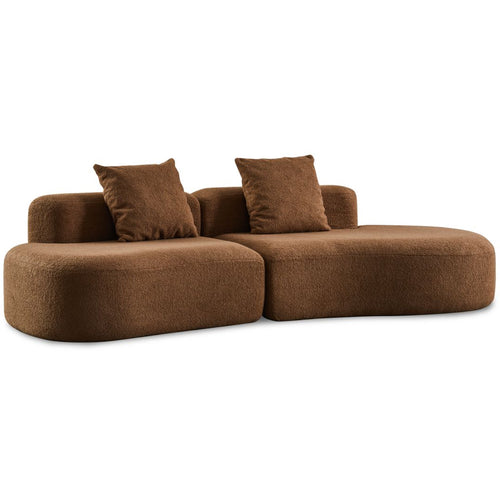 Modern brown fabric sofa with two matching backrest pillows, curved modular design