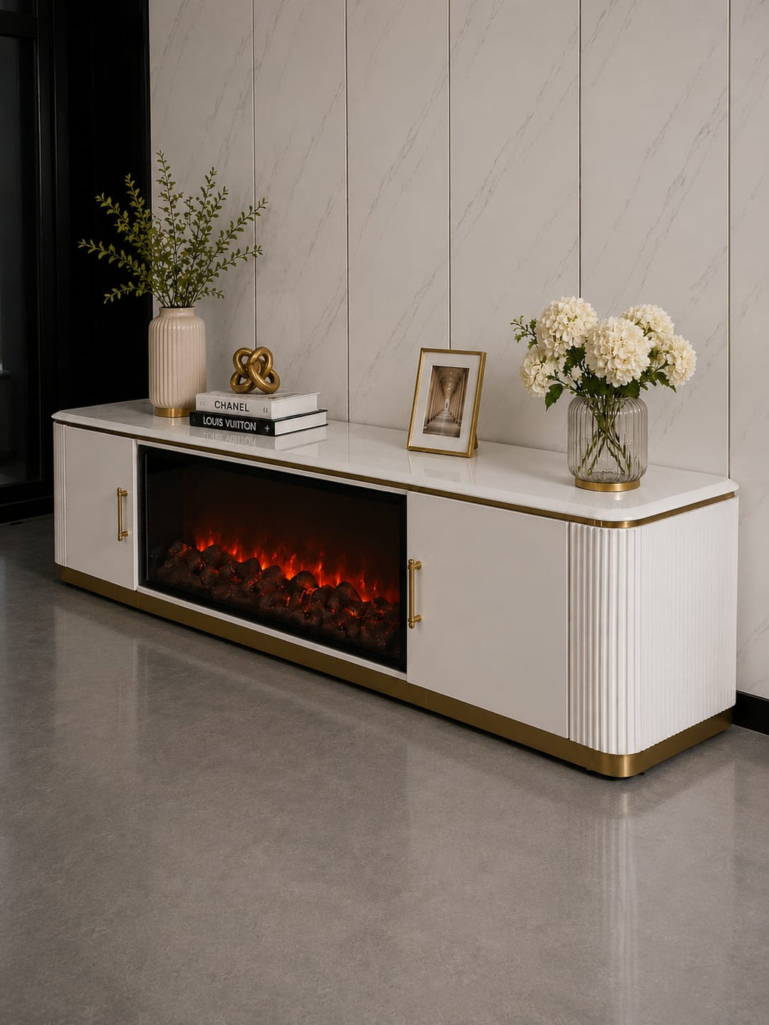 Arcadia Luxury LED Fireplace TV Unit – White Stone Top