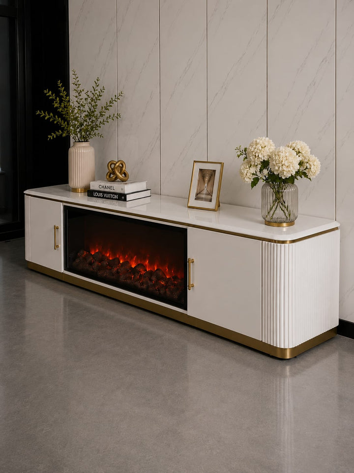 Arcadia Luxury LED Fireplace TV Unit – White Stone Top