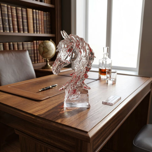 Crystal horse head sculpture on wooden desk, luxury home decor with bookshelf and whiskey decanter