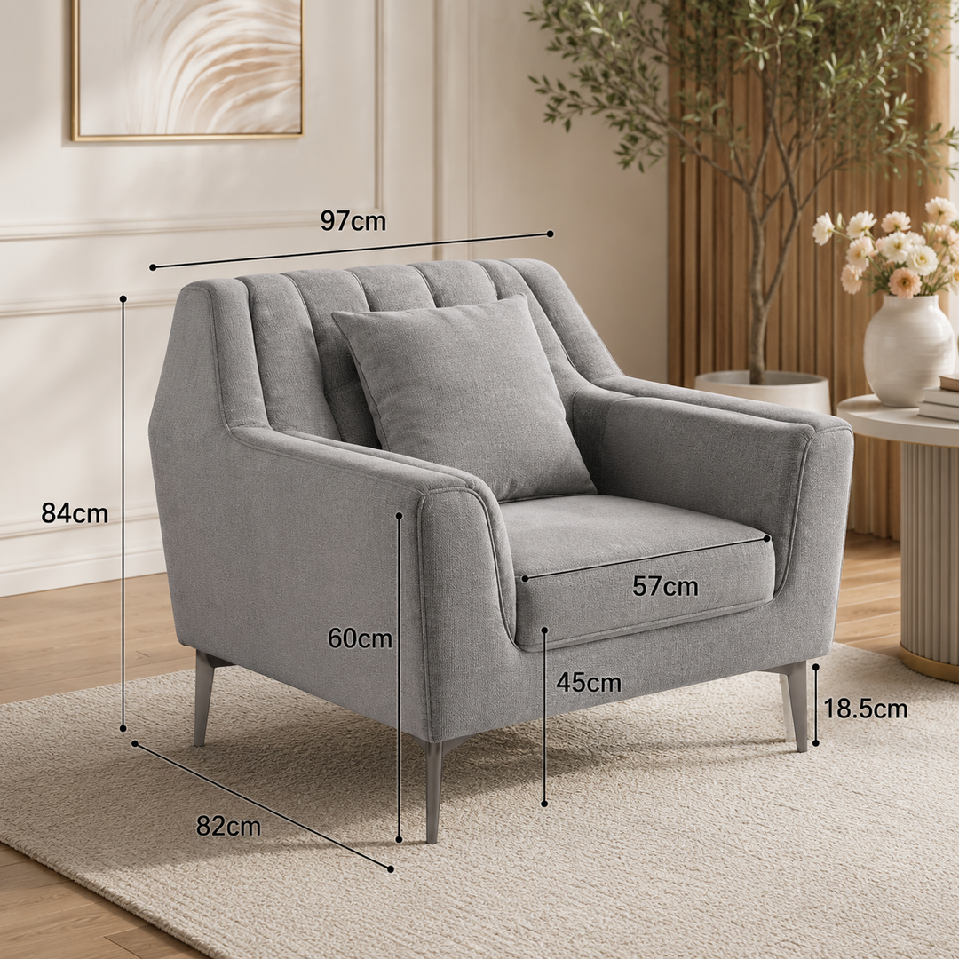Gray modern armchair with dimensions, perfect for living room furniture in Sydney