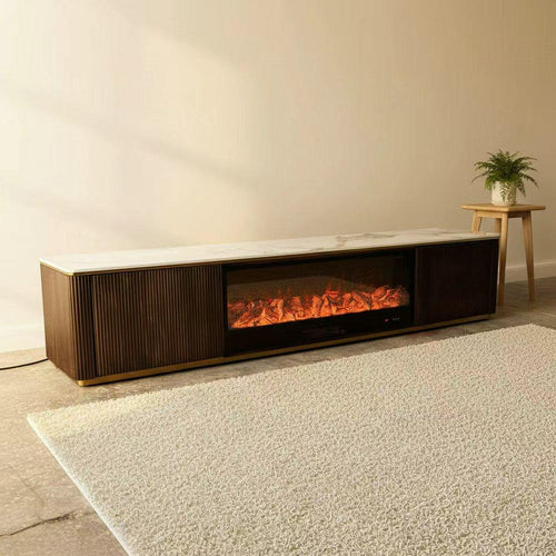Modern TV unit with built-in electric fireplace, white top, and dark wood finish in a living room