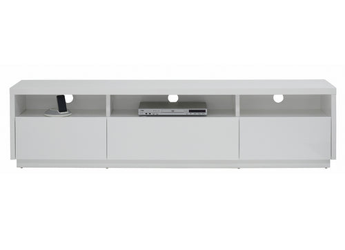 Modern white TV unit with open shelves and closed storage, ideal for living room furniture
