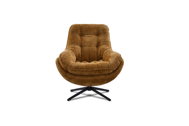 Modern brown upholstered swivel accent chair with black metal base, front view