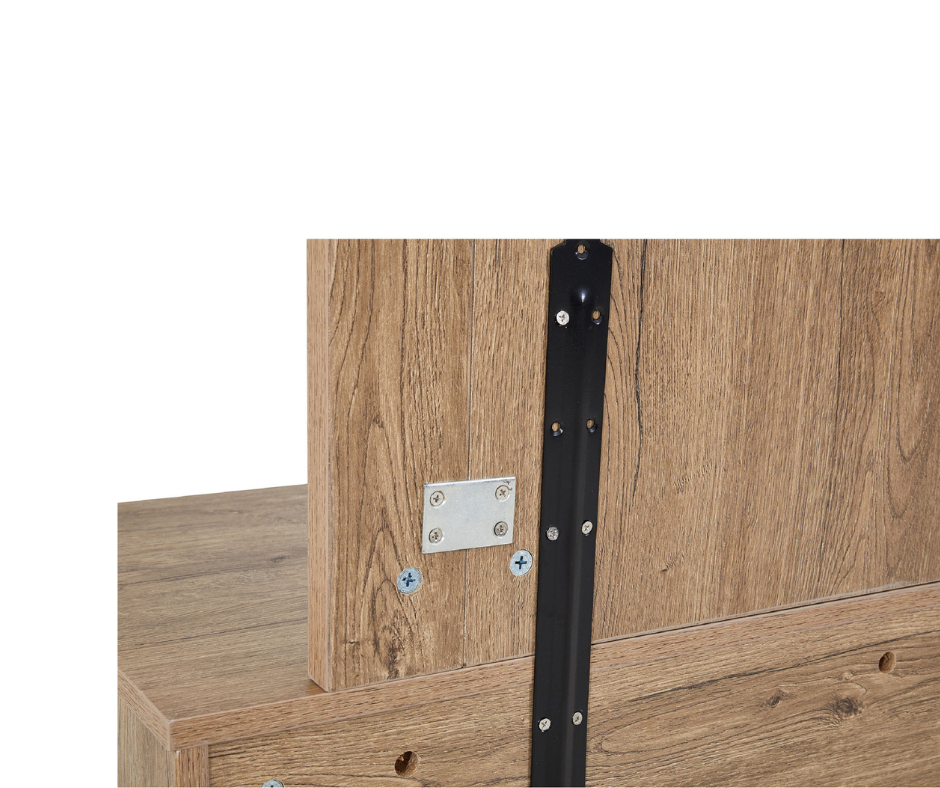Close-up of wooden furniture assembly with metal support bracket and screws