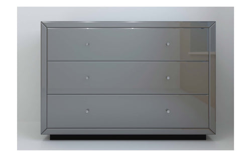 Modern grey high-gloss 3-drawer dresser with sleek handles, ideal for contemporary bedroom furniture.