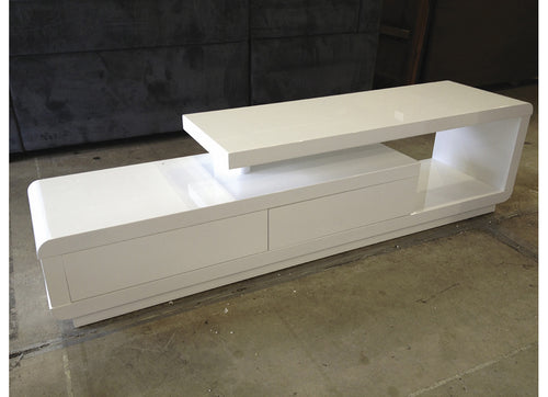 Modern white gloss TV unit with drawers and open shelf, sleek contemporary design for living room
