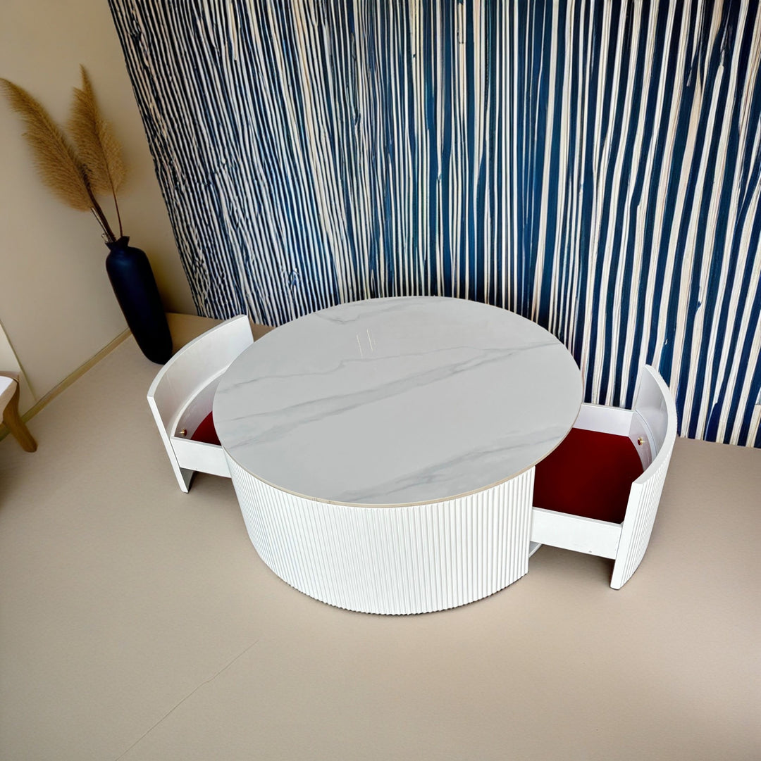 Central Round White Coffee Table 2 Drawers