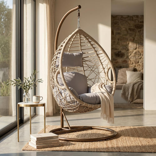 Woven hanging egg chair with grey cushions and throw blanket, modern living room decor