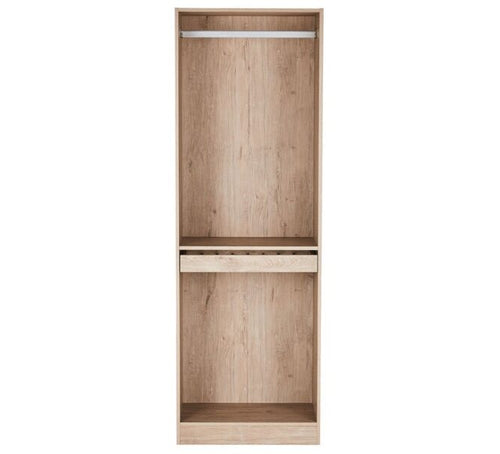 Light wood open wardrobe with hanging rail and storage shelf, modern minimalist design