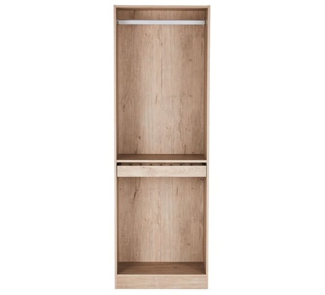 Light wood open wardrobe with hanging rail and storage shelf, modern minimalist design