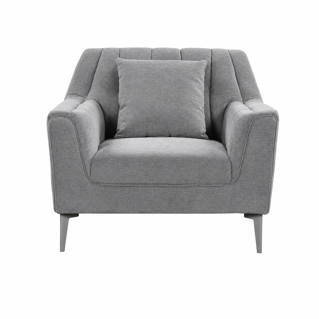 Gray fabric armchair with matching cushion, modern design for living room furniture