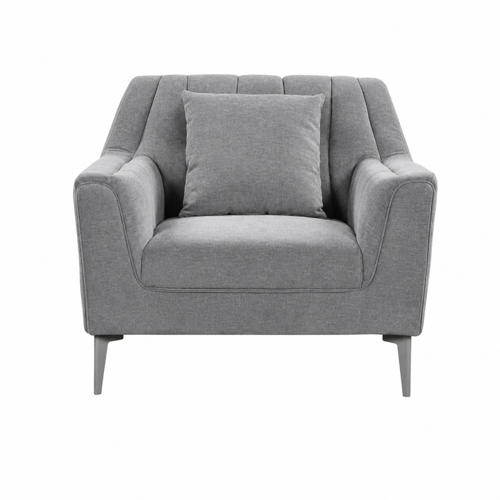 Gray fabric armchair with matching cushion, modern design for living room furniture