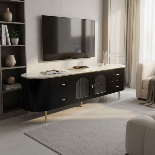 Modern black TV unit with gold accents and white marble top in a stylish living room