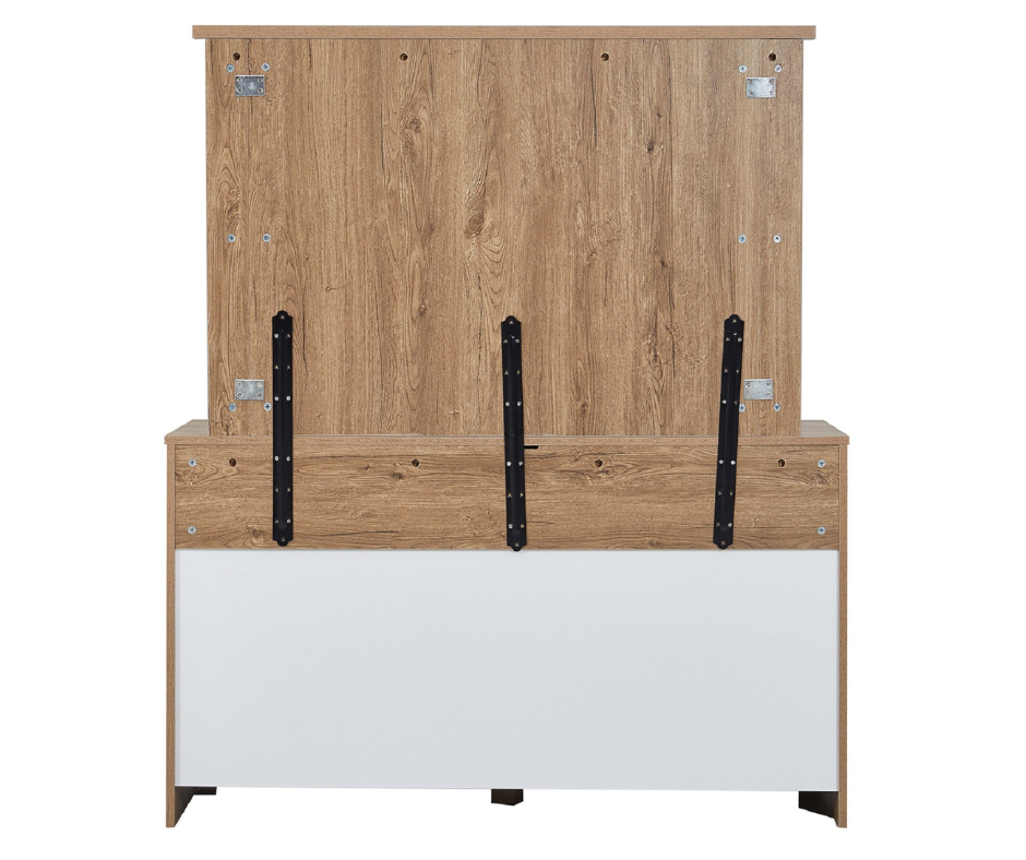 Modern wooden bed frame with metal hardware and white panel, home bedroom furniture