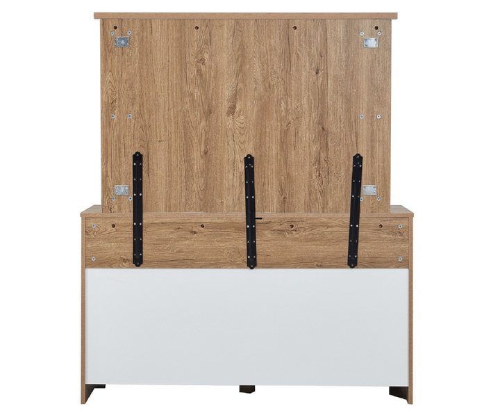 Modern wooden bed frame with metal hardware and white panel, home bedroom furniture